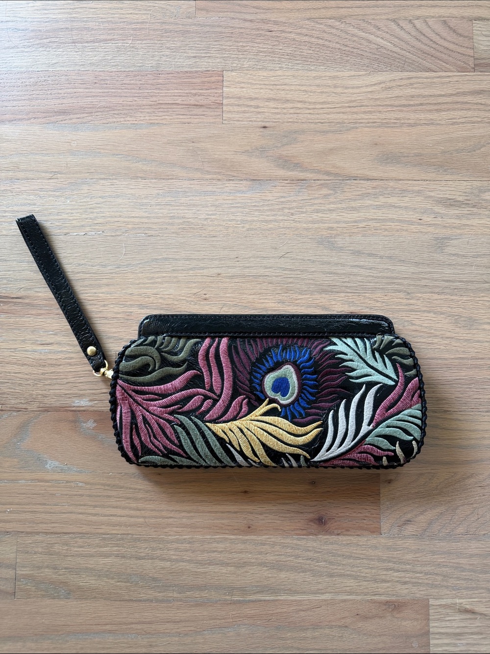 Embroidered Peacock Feather Wristlet Clutch - Black with Multicolor Feathers